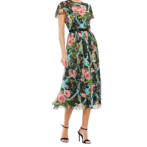 Mac Duggal Floral Illusion Midi Dress Cap Flutter Sleeves Size 16 NWT Elegant